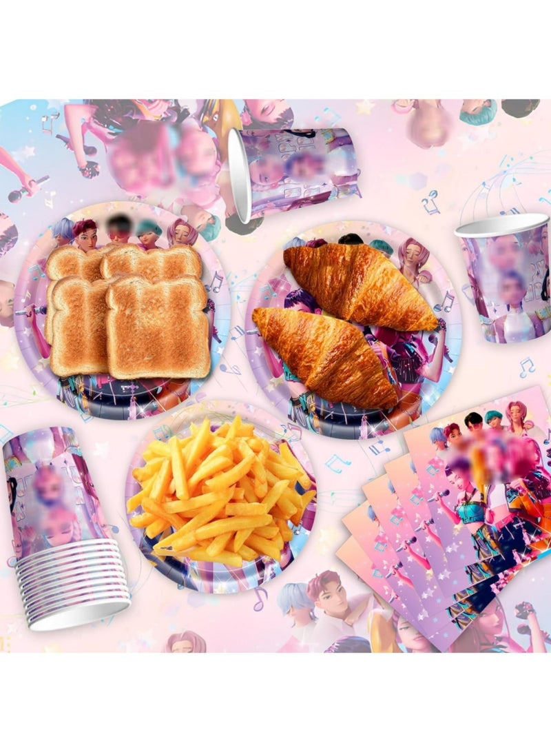 saykfoe 86 PCS Kpop Party Supplies Set, K Pop Birthday Demon Decorations Tableware Kit With 20 Plates 20 Napkins 10 Knives 10 Forks 10 spoons 15 Pennants 1 Tablecover for Boys Girls Hunters Theme Serves 10 Guests - Image 4